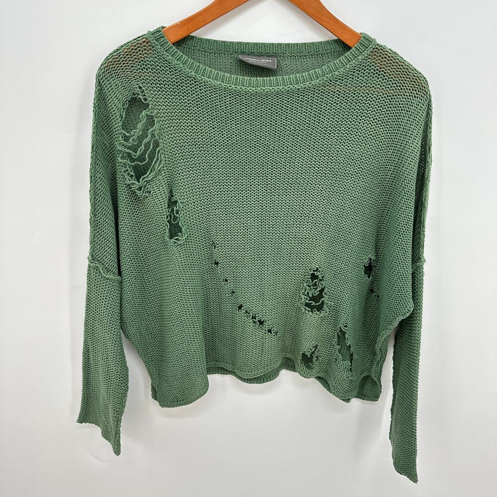 WOODEN SHIPS Green Distressed Knit Sweater //  S/M